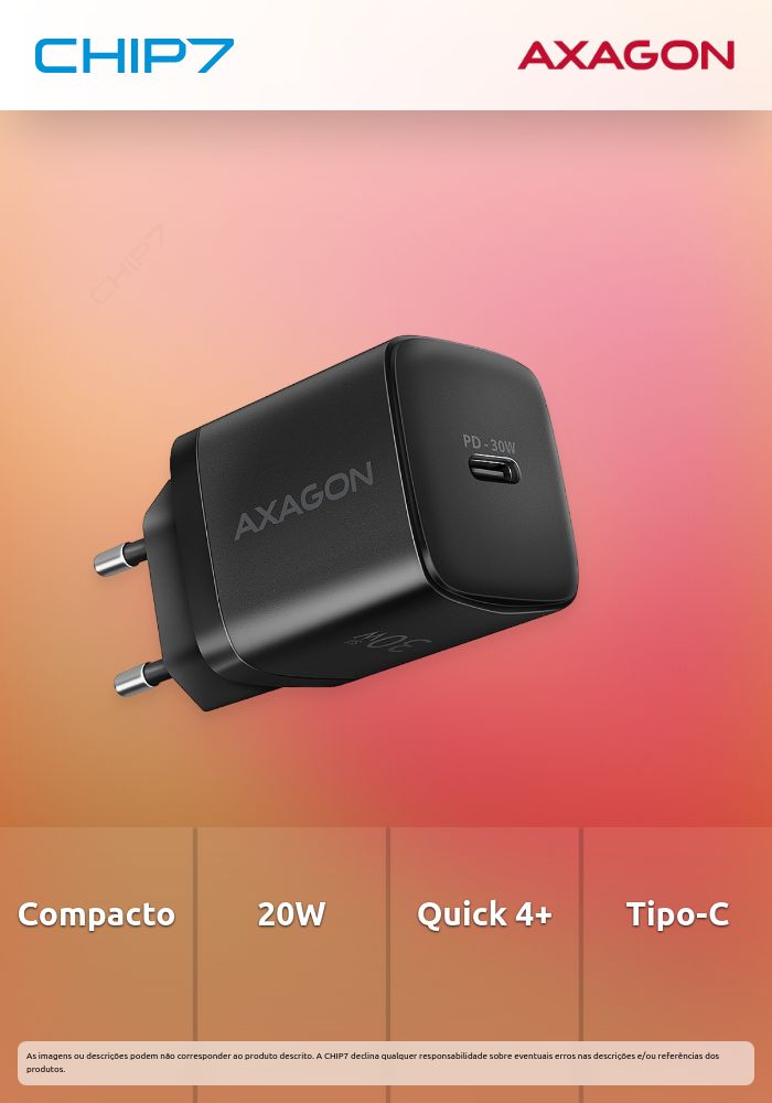 Carregador de parede AXAGON ACU-PD30, 1 porta (USB-C), PD3.0/PPS/QC4+/SFC/AFC/Apple, 30 W, Preto