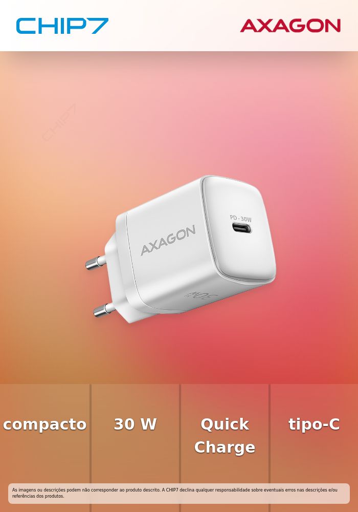 Carregador de parede AXAGON ACU-PD30W, 1 porta (USB-C), PD3.0/PPS/QC4+/SFC/AFC/Apple, 30 W, Branco