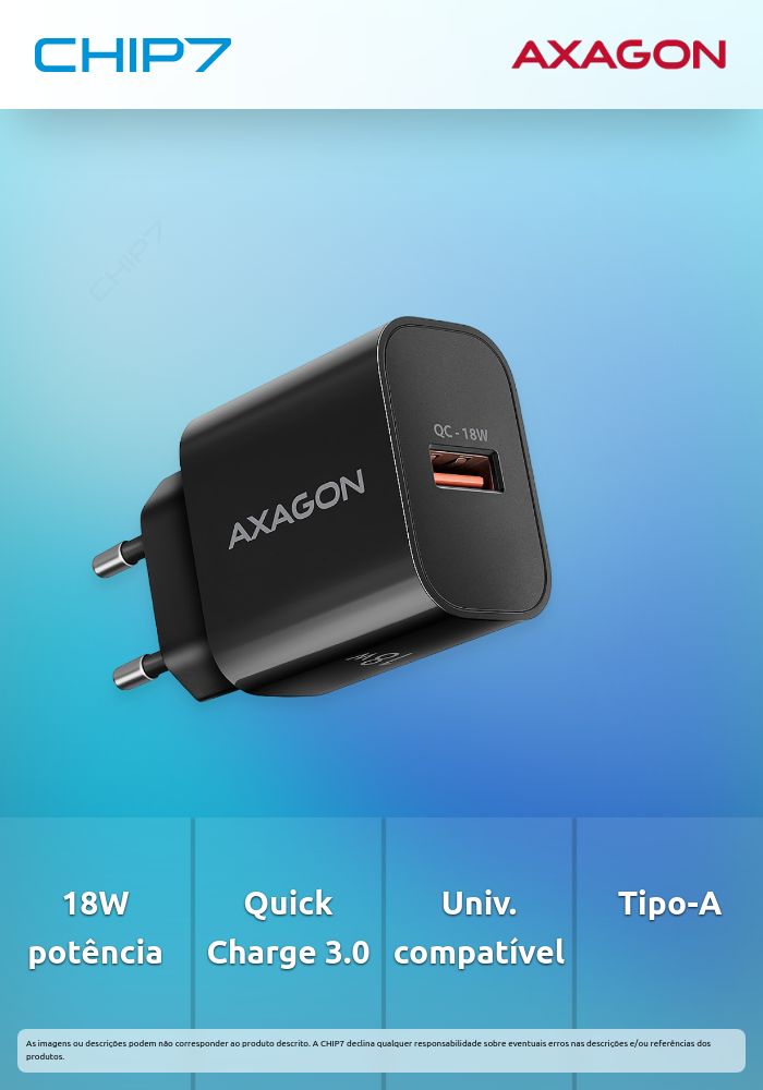 Carregador de parede AXAGON ACU-QC18, 1 porta (USB-A), QC3.0/AFC/Apple, 18 W, Preto