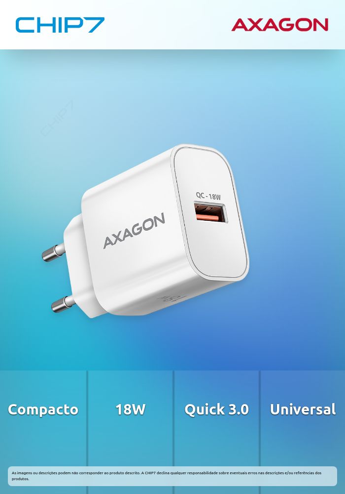 Carregador de parede AXAGON ACU-QC18W, 1 porta (USB-A), QC3.0/AFC/Apple, 18 W, Branco
