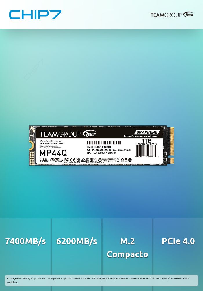 SSD M.2 PCIe 4.0 NVMe Team Group 1TB MP44Q - 7400R/6200W c/dissip Grafeno