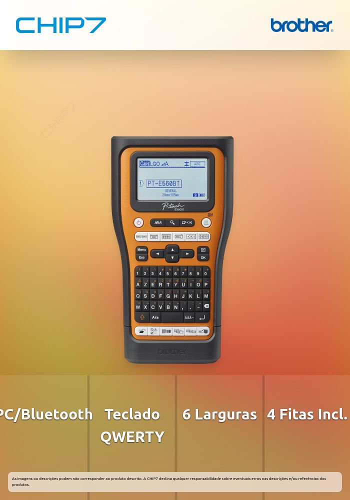 PTE560BTVP - Rotuladora eletrónica profissional com conexão a PC e Bluetooth para eletricistas e instaladores. Larguras de fitas: 3,5 / 6 / 9 / 12 / 18 / 24mm. Teclado QWERTY - 4 fitas incluídas (TZe-S651,  TZe-S251, TZe-S241 e TZe-FX231)