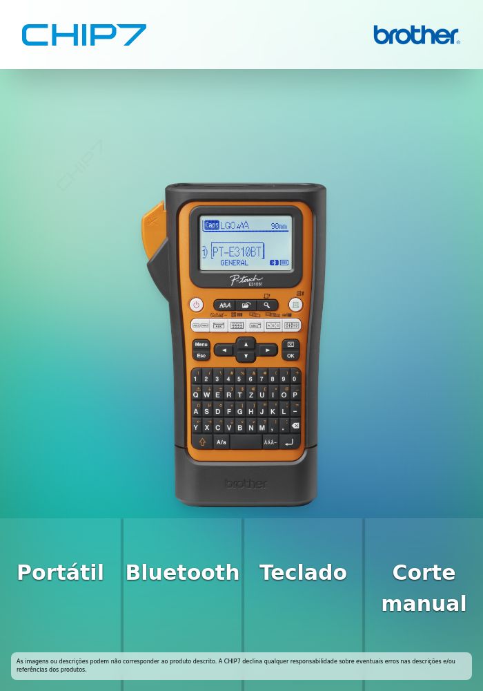 PTE310BTVP - Rotuladora eletrónica portátil para instaladores profissionais. Larguras de fitas: 3,5 / 6 / 9 / 12 / 18mm. Corte de fita manual - Teclado QWERTY - Cabo USB C- Conexão a PC  - Bluetooth