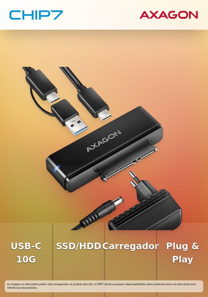 Adaptador AXAGON ADSA-FPX USB-C 3.2 Gen2 10G- SATA SSD/HDD FASTPortX - iclui carregador