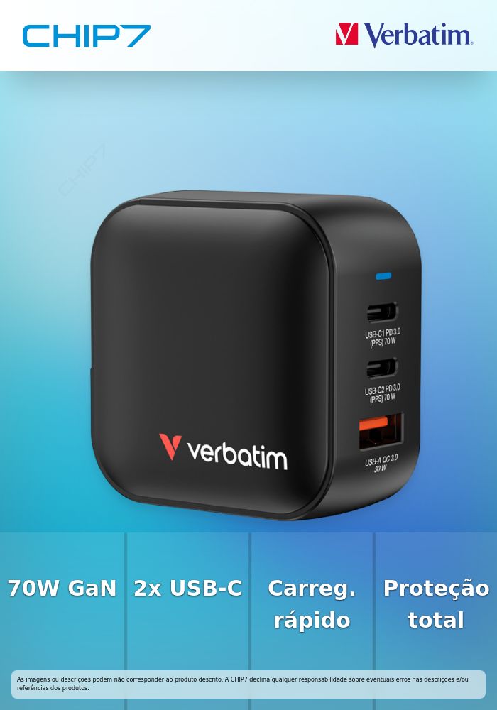 VERBATIM CARREGADOR MINI GAN 70W 2x USB-C 1x USB-A BLACK