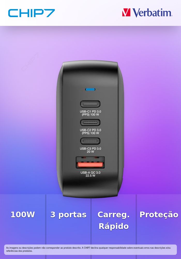 VERBATIM CARREGADOR MINI GAN 100W 3x USB-C 1x USB-A BLACK