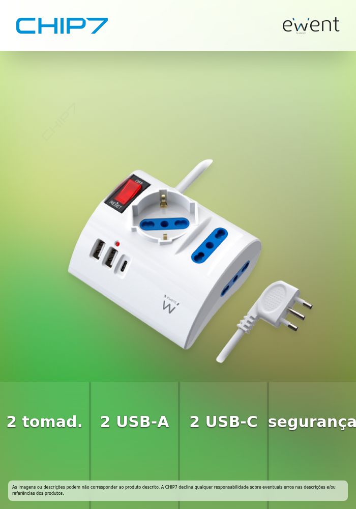 EWENT EXTENSA0 ELETRICA 3 TOMADAS CUBICA SHUKO 2xUSB-C 2XUSB 2MT