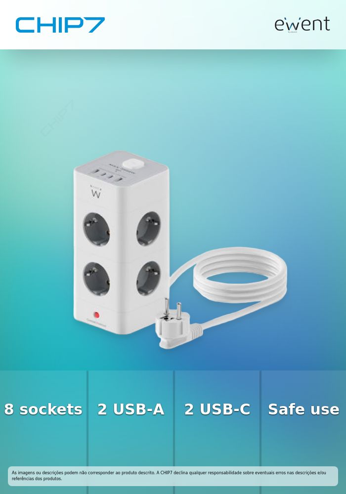 EWENT EXTENSAO ELETRICA 8 TOMADAS TORRE SCHUKO+ 2 USB+ 2 USB-C 2MT