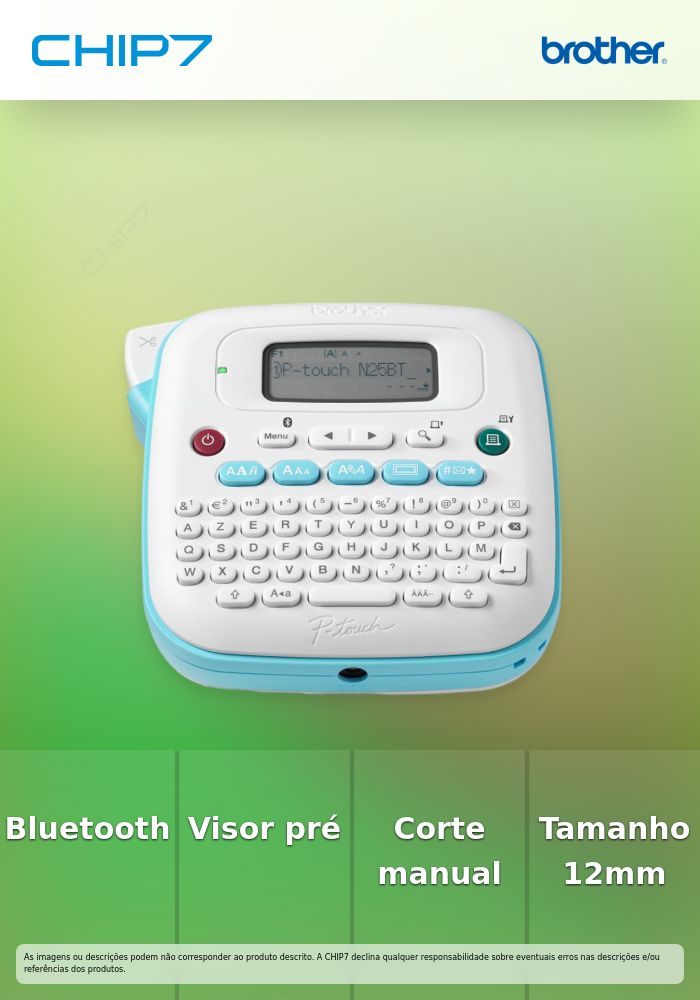 PTN25BT - Etiquetadora eletrónica de secretária para casa e escritório. Visor com pré-visualização. Bluetooth. Cor azul e branca, Largura de fita: 12mm, Corte de Fita manual - Teclado QWERTY