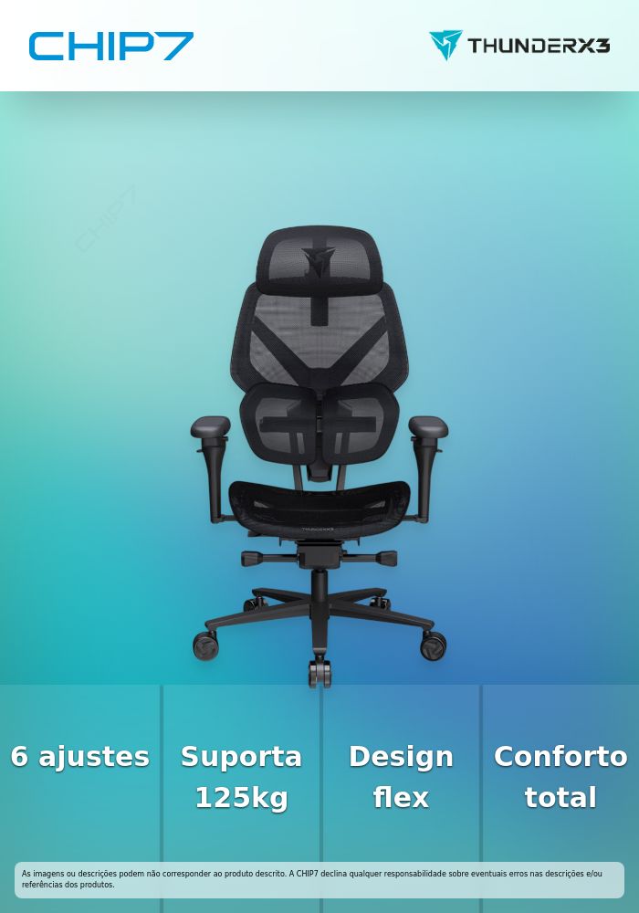 Cadeira Gaming Ergonomica ThunderX3 FLEX Pro, Apoio lombar 360 graus - Mesh Black