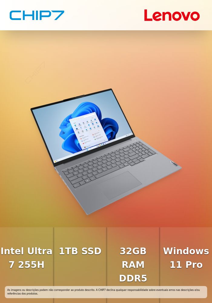 Portátil Profissional Lenovo ThinkBook 16 G8 IAL – Intel Core Ultra 7 255H / 32GB RAM / 1TB SSD / 16