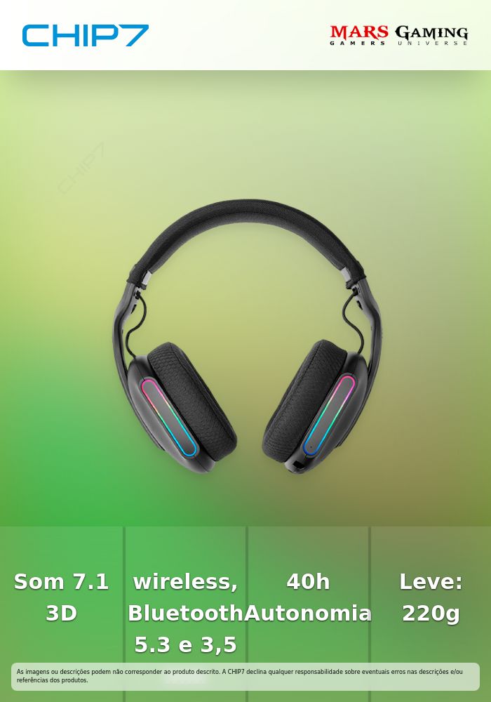 Auscultadores Gaming Mars Gaming MHWPRO – Wireless 7.1 ARGB / Tripla Ligação 2.4GHz + Bluetooth 5.3 + Jack 3,5 mm / Até 40h Autonomia
