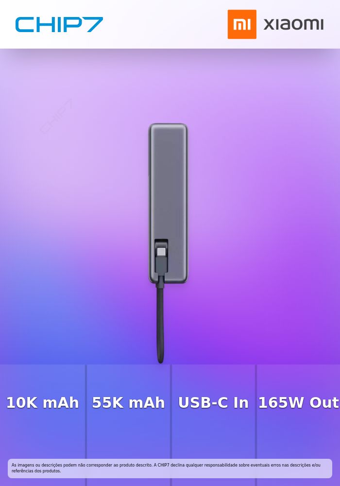 Powerbank Xiaomi 10000 mAh 165W (120W+45W) com Cabo USB-C Integrado Cinza/Preta