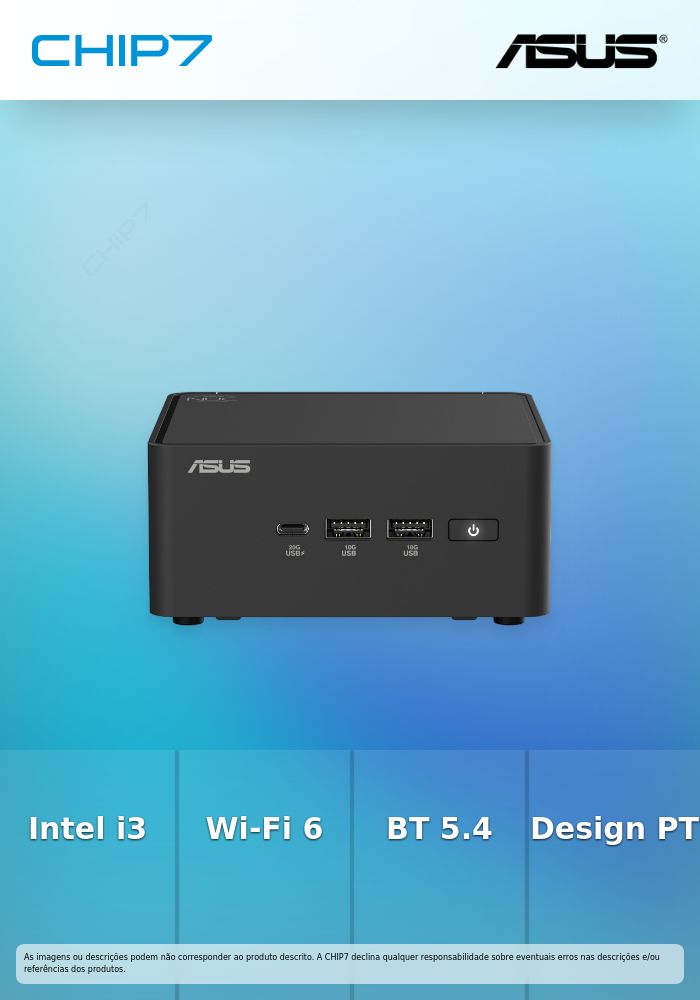 ASUS NUC 15 Pro RNUC15CRHI300002 - Barebone - mini PC 1 x Core 3 100U / até 4.7 GHz - RAM 0 GB - Intel Graphics - IEEE 802.11ax (Wi-Fi 6), IEEE 802.11be (Wi-Fi 7), Bluetooth 5.4, 2.5 Gigabit Ethernet, Gigabit Ethernet - preto