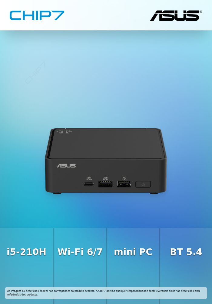 ASUS NUC 15 Pro Slim Kit RNUC15CRKC500002 - Barebone - mini PC 1 x Core 5 210H / até 4.8 GHz - RAM 0 GB - Intel Graphics - IEEE 802.11ax (Wi-Fi 6), IEEE 802.11be (Wi-Fi 7), Bluetooth 5.4, Gigabit Ethernet, 2.5 Gigabit Ethernet - preto