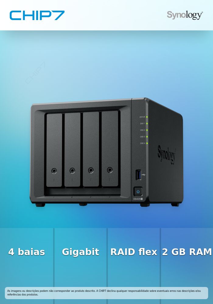 Synology Disk Station DS425+ - Servidor NAS - 4 baias - SATA 6Gb/s - HDD - RAID (expansão de disco rígido) JBOD, 0, 1, 5, 6, 10 - RAM 2 GB - Gigabit Ethernet / 2.5 Gigabit Ethernet - iSCSI assistência