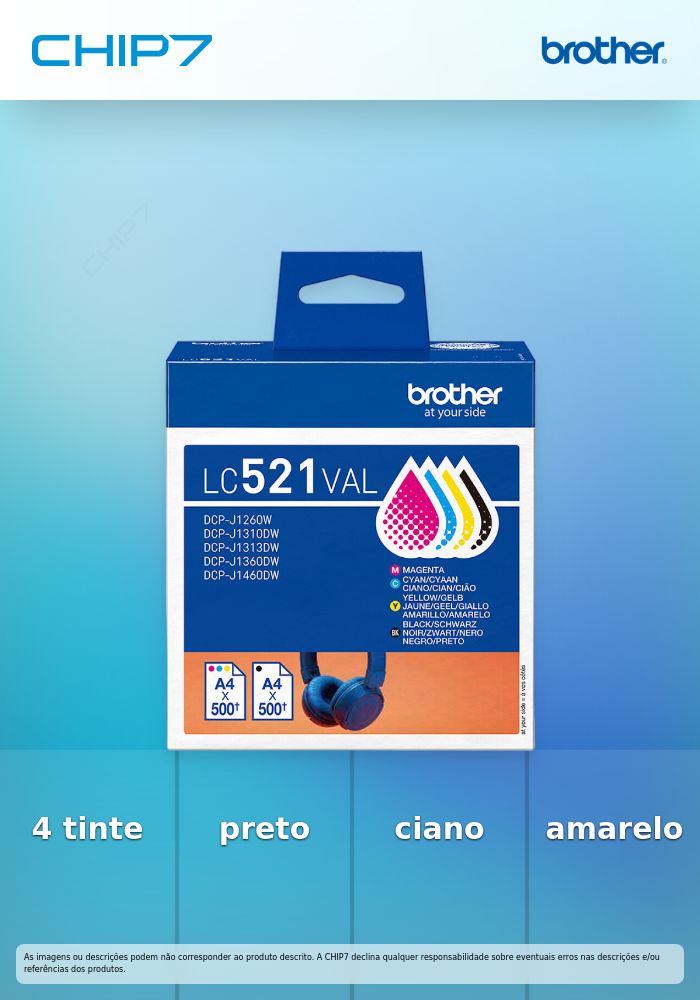 Pack de 4 tinteiros: preto, cyan, amarelo e magenta (um de cada cor), Duração aproximada: até 500 páginas cada cor (segundo ISO/IEC 24711)