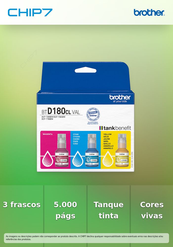 Pack de 3 frascos de tinta Cyan, Magenta e Amarelo, Duração estimada: até 5.000 págs./cada cor