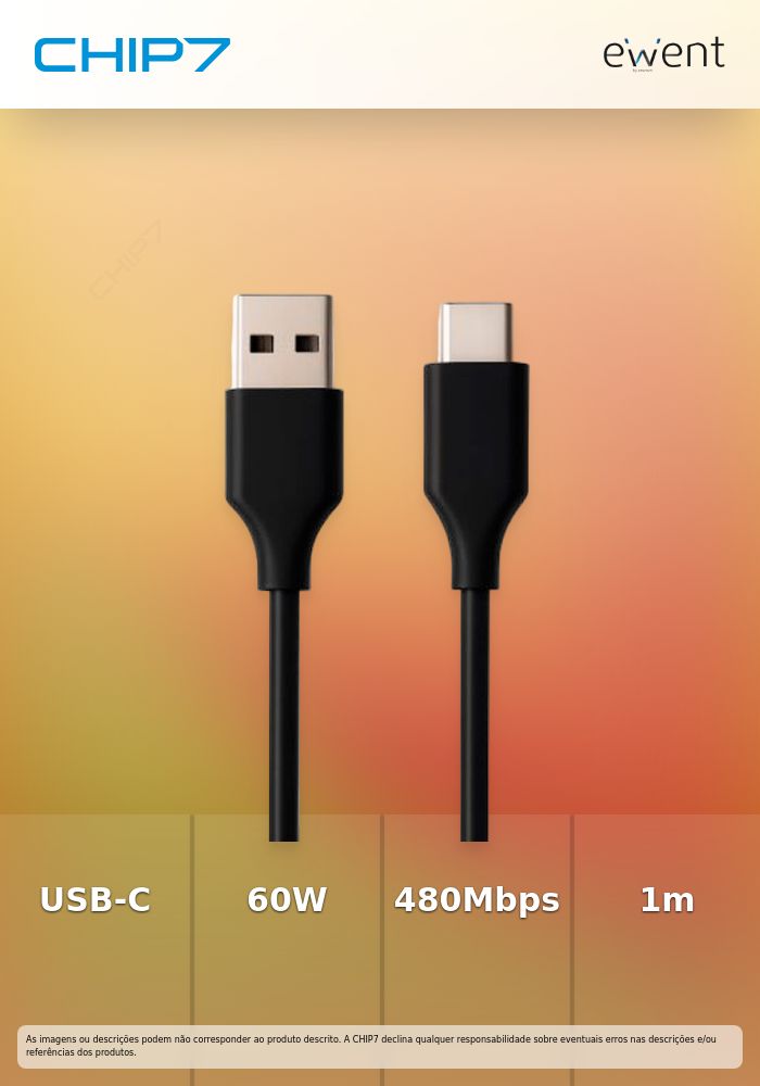 USB 2.0 Type-C cable, type C to A M/M, AWG28, PD 60W, Data 480Mbps, PVC, black, 1m » preço válido até nova comunicação