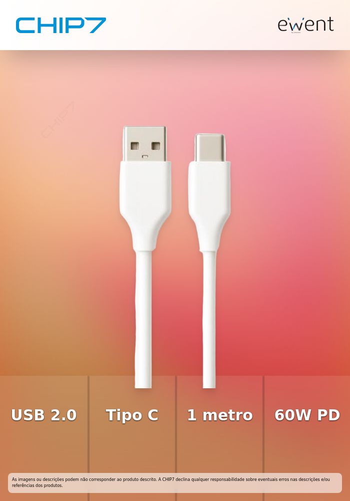 USB 2.0 Type-C cable, type C to A M/M, AWG28, PD 60W, Data 480Mbps, PVC, white, 1m » preço válido até nova comunicação