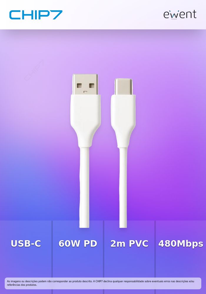 USB 2.0 Type-C cable, type C to A M/M, AWG28, PD 60W, Data 480Mbps, PVC, white, 2m » preço válido até nova comunicação