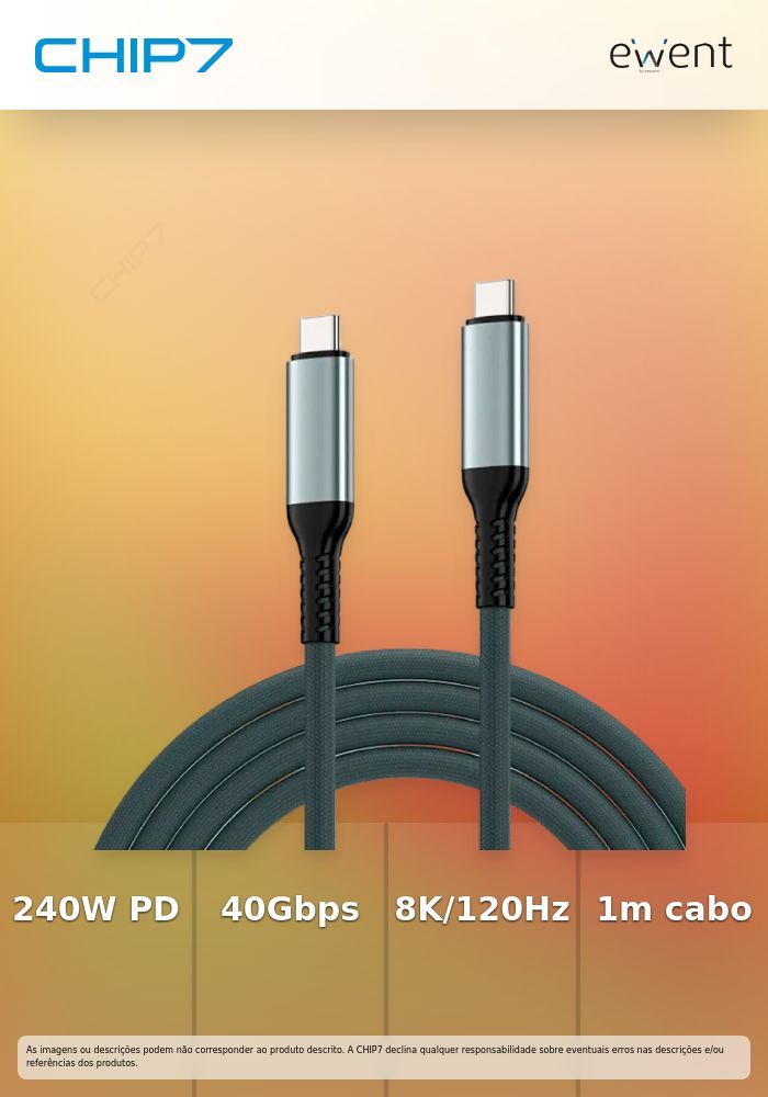USB 4 GEN3 Type-C cable, type C to C M/M, AWG24, PD 240W, Data 40gbps, Video 8K/120Hz, FABRIC, black/white, 1m » preço válido até nova comunicação