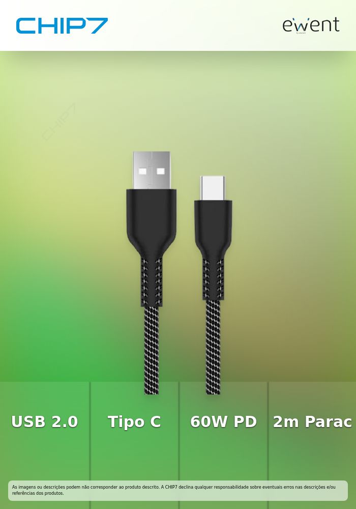 USB 2.0 Type-C cable, type C to A M/M, AWG28, PD 60W, Data 480Mbps, Fabric, black/white, 2m » preço válido até nova comunicação