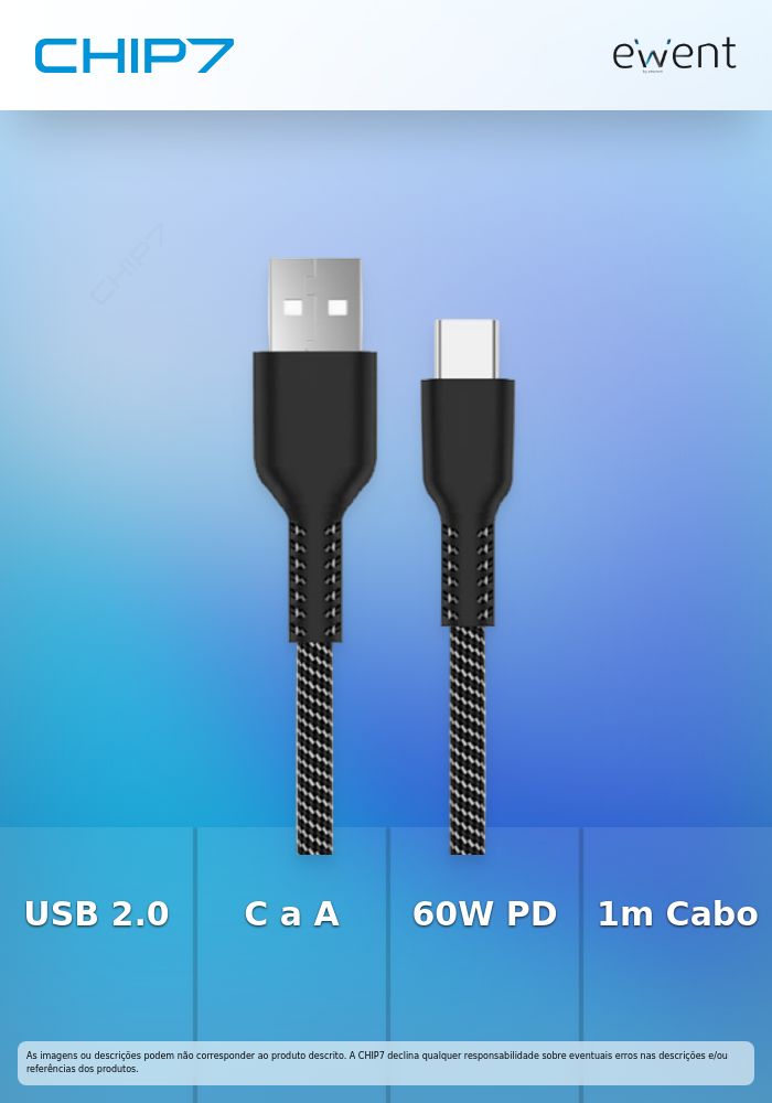 USB 2.0 Type-C cable, type C to A M/M, AWG28, PD 60W, Data 480Mbps, Fabric, black/white, 1m » preço válido até nova comunicação