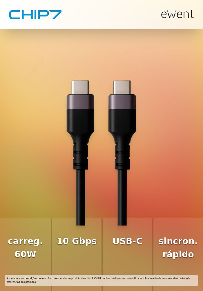 EWENT CABO USB-C 10GBPS 60W PVC PRETO 1MT