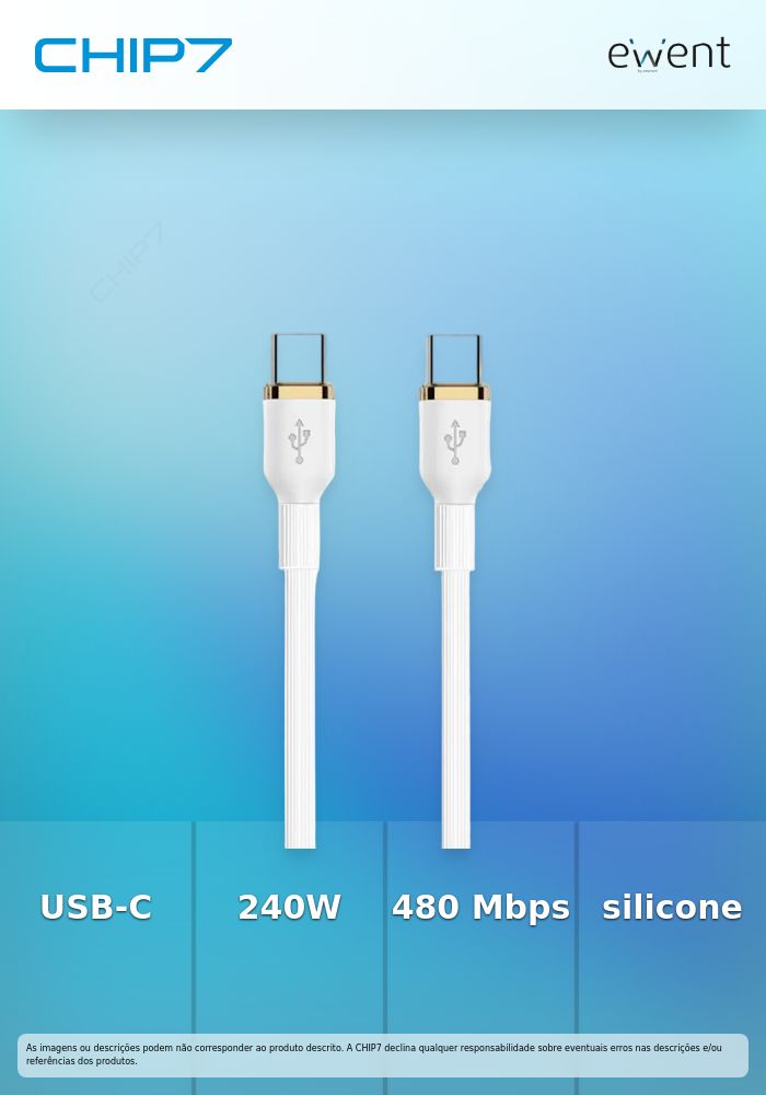 EWENT CABO USB-C 480MBPS 240W SILICONE BRANCO 1MT
