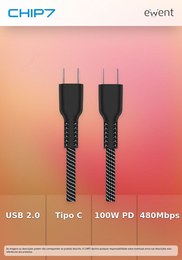 USB 2.0 Type-C cable, type C to C M/M, AWG24, PD 100W, Data 480Mbps, FABRIC, black/white, 2m » preço válido até nova comunicação