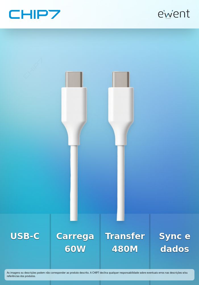 EWENT CABO USB-C 480 MBPS 60W PVC BRANCO 1MT