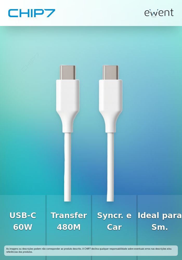 EWENT CABO USB-C 480 MBPS 60W PVC BRANCO 3MT