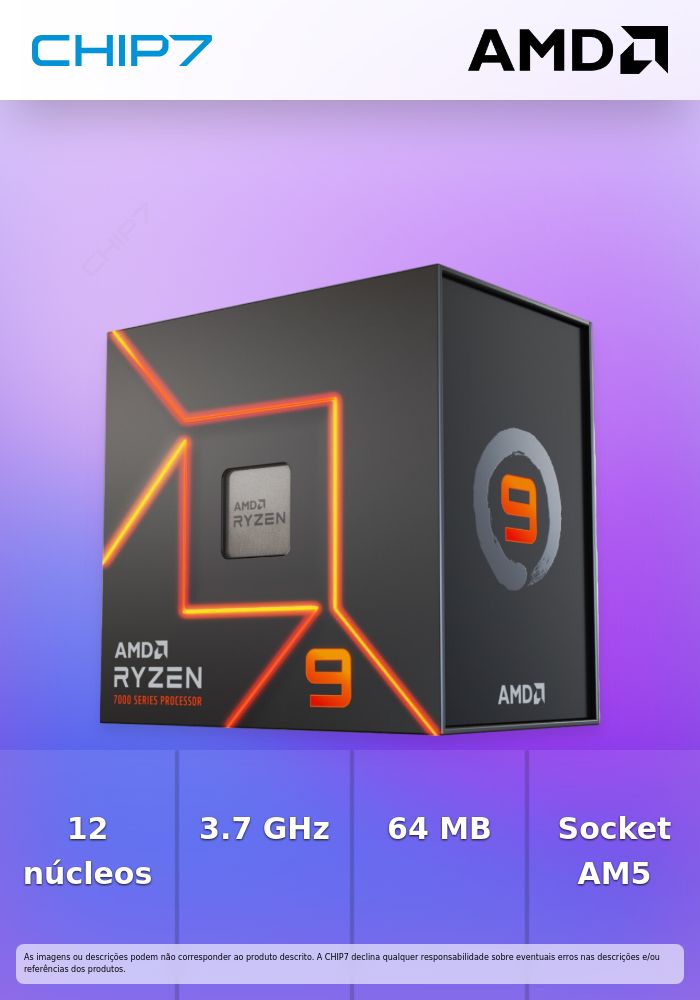 AMD Ryzen 9 7900 - 3.7 GHz - 12-core - 24 fios - 64 MB cache - Socket AM5 - Box