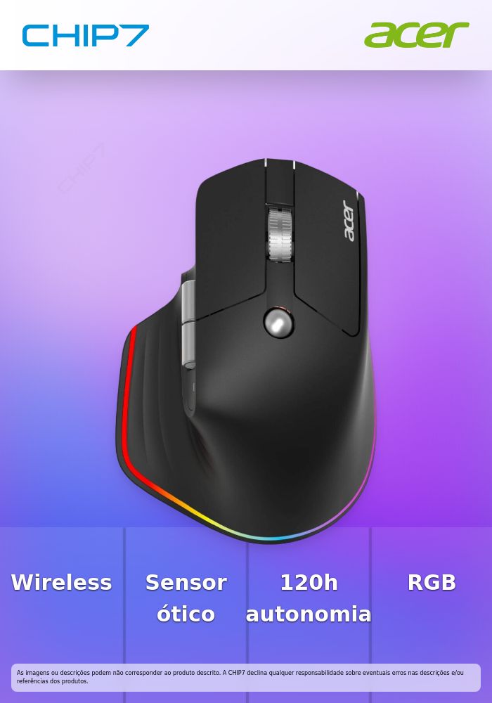 Rato Wireless Acer Easy Fit – 4000 DPI / 6 Botões / RF 2,4GHz + Bluetooth / Recarregável USB-C