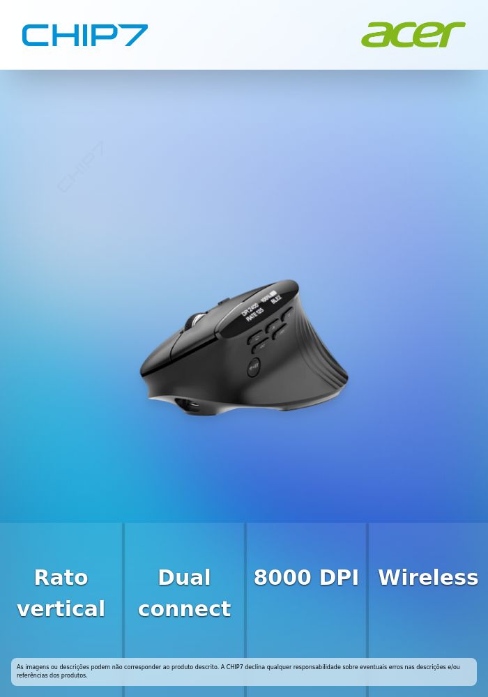 Rato Vertical Ergonómico Acer Smart Fit Wireless – 8000 DPI / 10 Botões / Bluetooth / OLED / USB-C