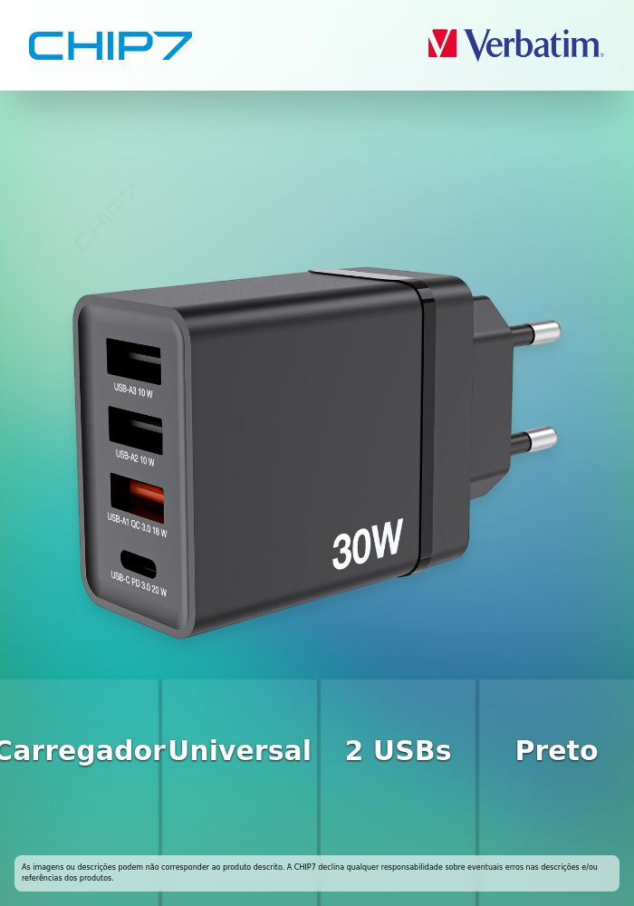 VERBATIM CARREGADOR 30W 1x USB-C PD 1xUSB-A QC 3 2xUSB-A BLACK