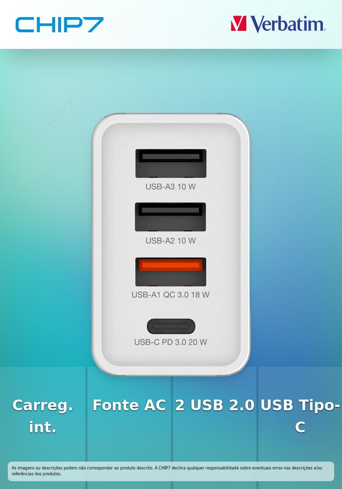 VERBATIM CARREGADOR 30W 1x USB-C PD 1xUSB-A QC 3 2xUSB-A WHITE