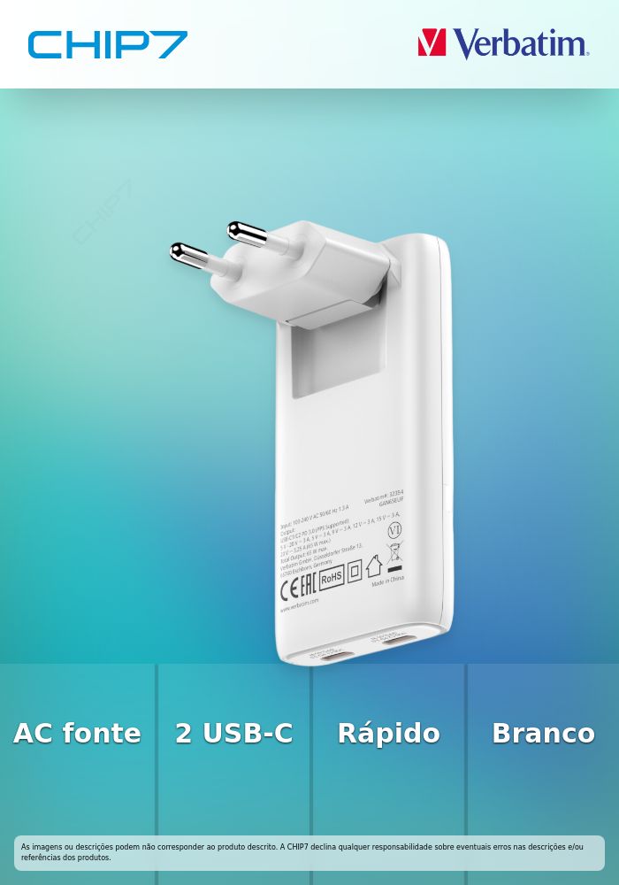 VERBATIM CARREGADOR FOLD 65W 2xUSB-C WHITE