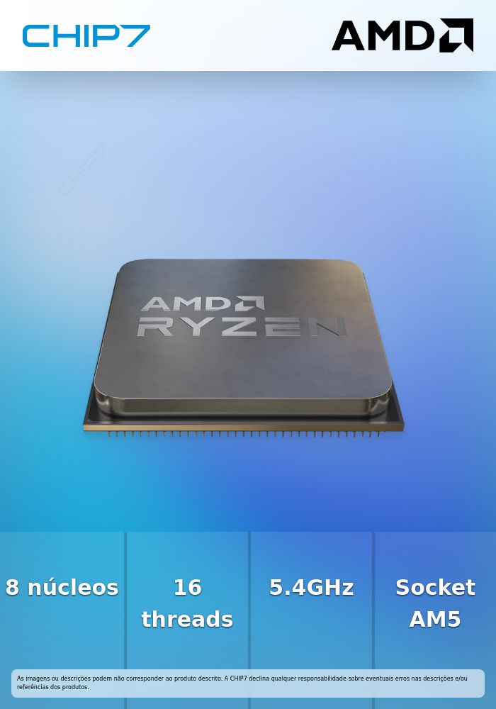 Processador AMD Ryzen 7 7700X – 8 Núcleos / 16 Threads / 4.5GHz-5.4GHz / 40MB Cache / Socket AM5 – Tray – 100-000000591