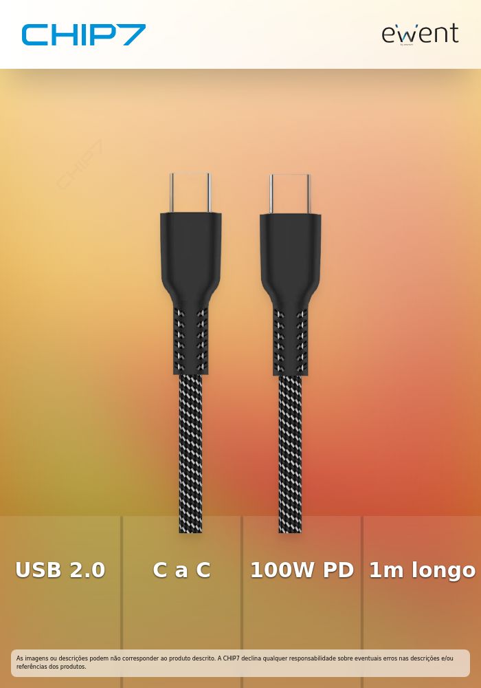 USB 2.0 Type-C cable, type C to C M/M, AWG24, PD 100W, Data 480Mbps, FABRIC, black/white, 1m » preço válido até nova comunicação