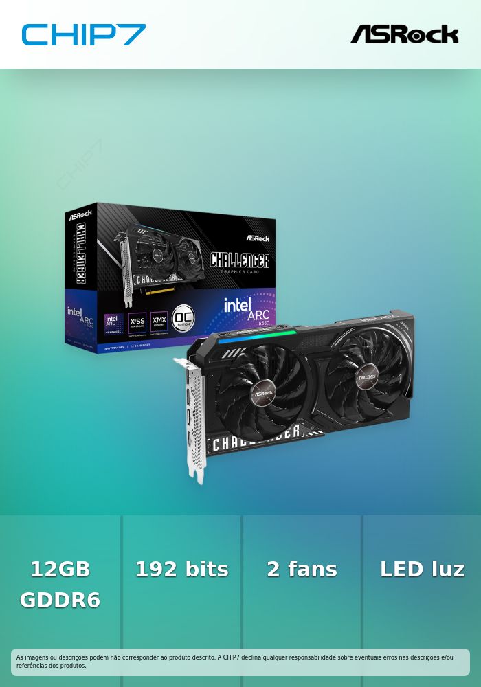ASROCK VGA 12GB B580 CHALLENGER OC GDDR6 192BIT 3DP 1HDMI 2XVENT LED