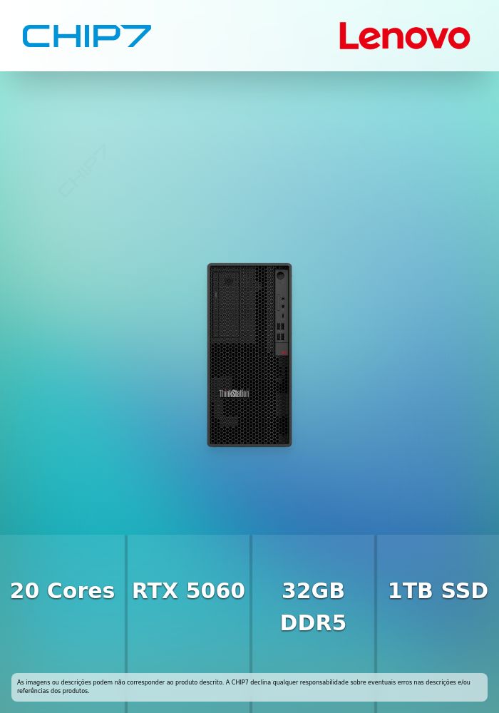 Desktop LENOVO - Intel Ultra 7 265 / Nvidia RTX 5060 8GB / 32GB DDR5 / 1TB SSD / Windows 11 Pro / 3 Anos Garantia - ThinkStation P2 Tower Gen2