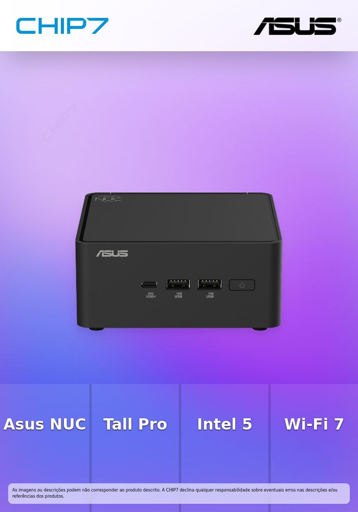 MINIPC Barebone Asus NUC 15 Pro Tall Kit - Intel Ultra 5 225H / NPU até 63 TOPS / Intel Arc 130T / Suporte DDR5 / Sem Disco / Wi-Fi 7 / Thunderbolt / S/ Sistema Operativo / Preto - RNUC15CRKU5
