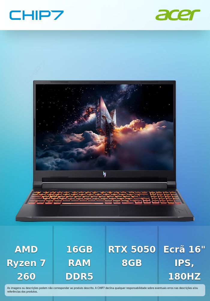 Portátil ACER Nitro V16 AI - AMD Ryzen 7 260 / NPU 16 TOPS / Nvidia Rtx 5050 8GB / 16GB DDR5 / 1TB SSD / 16
