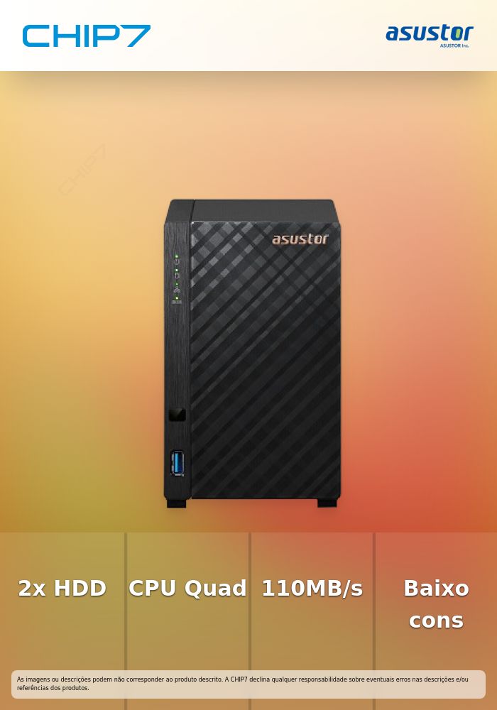 Asustor Drivestor 2 Gen 2  AS1202T 2 Bay NAS, Quad-Core 1.7GHz CPU, 2.5GbE Port, 1GB DDR4, Three USB 3.0 (Diskless)