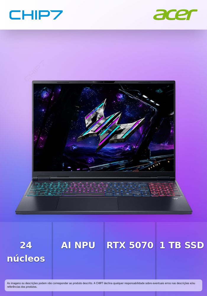 Portátil ACER Predator - Intel Ultra 9 275HX / NPU 13 TOPS / Nvidia RTX 5070 8GB / 16GB DDR5 / 1TB SSD / 16