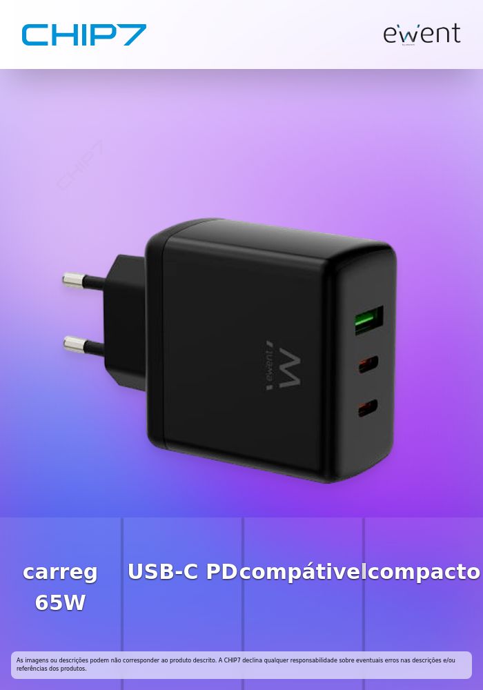 EWENT CARREGADOR GAN 2xUSB-C 1xUSB-A 65W PRETO