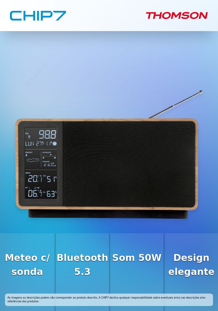 Coluna Thomson Estação Meterorológica / Bluetooth / Rádio FM / 50W / Madeira/Preto - WS202TBK