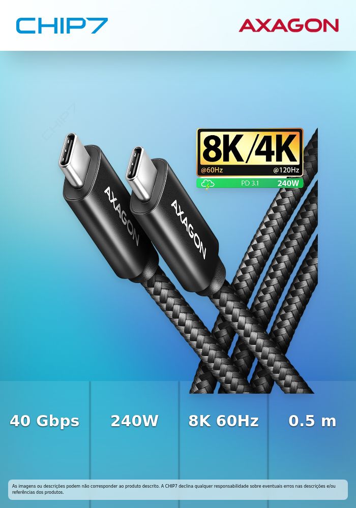 Cabo de carregamento AXAGON BUCM4X-CM10AB USB-C <-> USB-C, USB4 Gen 3×2, 0.5m, PD 240W, 8K HD, ALU, braid, Preto